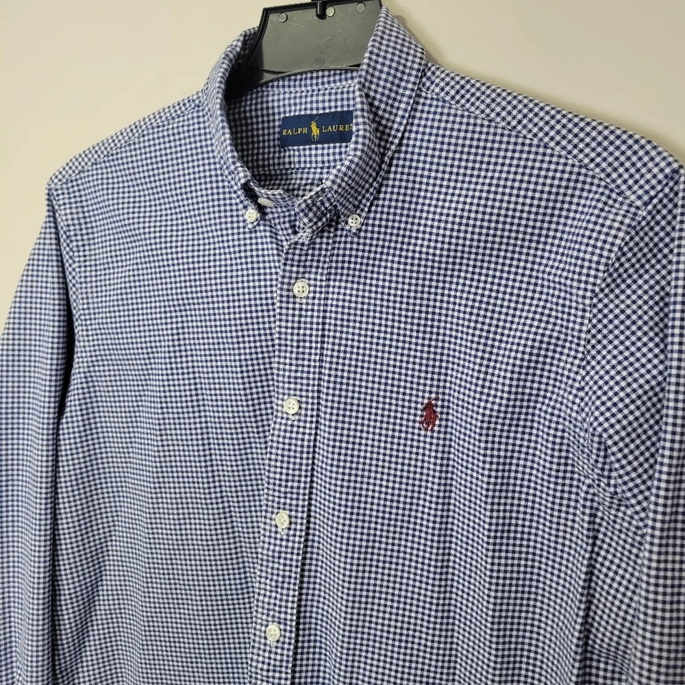 Polo Ralph Lauren Blue White Gingham Button Down Shirt Large Logo